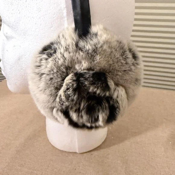 Real 100% Rabbit fur black & gray Earmuffs - Picture 1 of 5